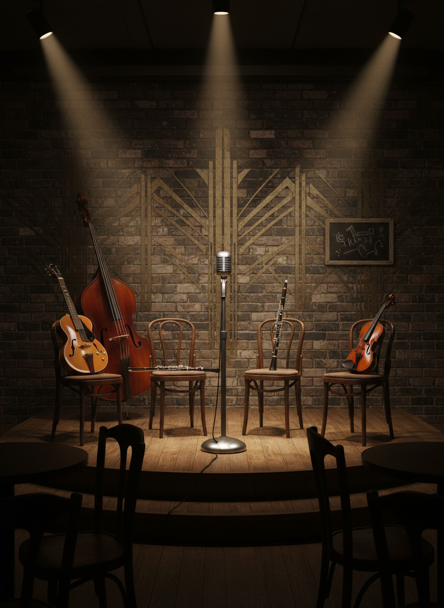 Inside a dimly lit speakeasy-style venue, a classic silver microphone on a heavy round base stands center stage, surrounded by a semi-circle of empty instrument chairs, each holding a different jazz instrument: a hollow-body guitar, upright bass, clarinet, and violin. No musicians appear. The backdrop is a textured brick wall with subtle art deco patterns and a discreetly placed small chalkboard sign showing abstract, unreadable shapes where contact info might be. Narrow spotlights from above carve out cones of warm light, leaving the audience area in soft darkness. Photographic realism with a wide-angle lens captures the intimate scale of the room. The mood is inviting and slightly mysterious, ideal for a contact or bookings page visual that suggests live performance without text or people.
