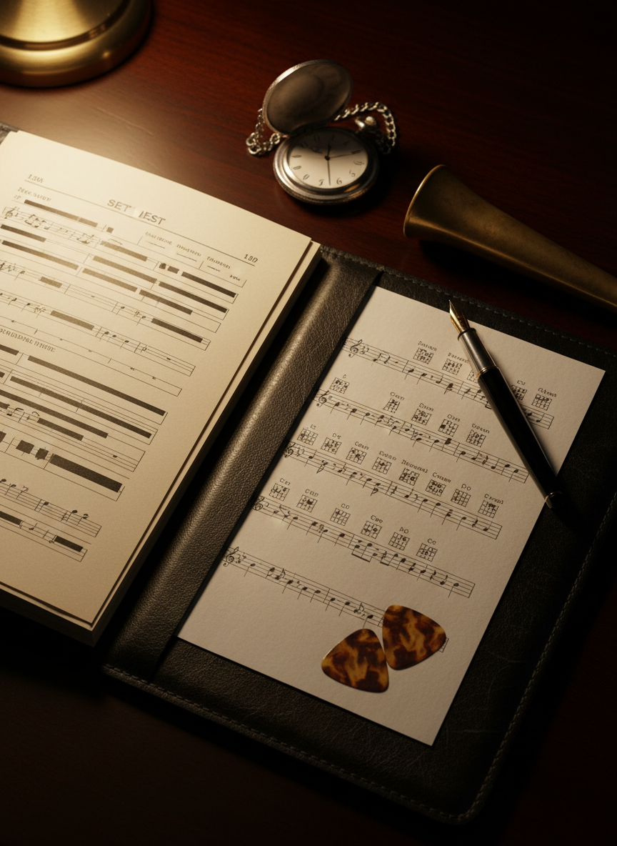 A close-up overhead shot of an open black leather band folder spread across a dark mahogany table, revealing neatly arranged printed setlists and handwritten chord charts, but with all actual text rendered as abstract lines and blocks. Beside the folder lie a muted brass mute, a fountain pen, a vintage pocket watch, and a pair of tortoiseshell guitar picks. Soft, directional lamplight from the upper left creates a golden pool over the paper and leather, with the rest of the table receding into velvety shadow. The photographic realism highlights paper fibers, leather grain, and metallic reflections. The mood is meticulous and professional yet nostalgic, perfect for a page describing services, song lists, and booking details for swing jazz events.