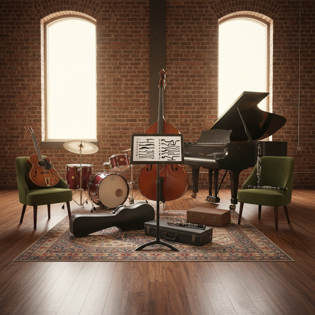 A refined rehearsal space with dark wooden floors and exposed brick walls, featuring a symmetrical arrangement of jazz instruments: upright bass at the center, flanked by a drum kit and piano, with a guitar and clarinet resting on cushioned chairs. On a nearby vintage rug, a tidy cluster of closed instrument cases and a sleek black music stand hold pages of notation drawn as abstract lines instead of legible text. Soft, diffused afternoon light pours through high industrial windows, creating long, gentle shadows and a warm, golden atmosphere. Photographic realism captures the grain of wood, the sheen of lacquer, and the subtle dust in the air. Shot at eye level with balanced composition, the mood is disciplined yet relaxed, perfect for a band bio or “about” page illustrating the Hot Club de Hull’s sophistication and craft.