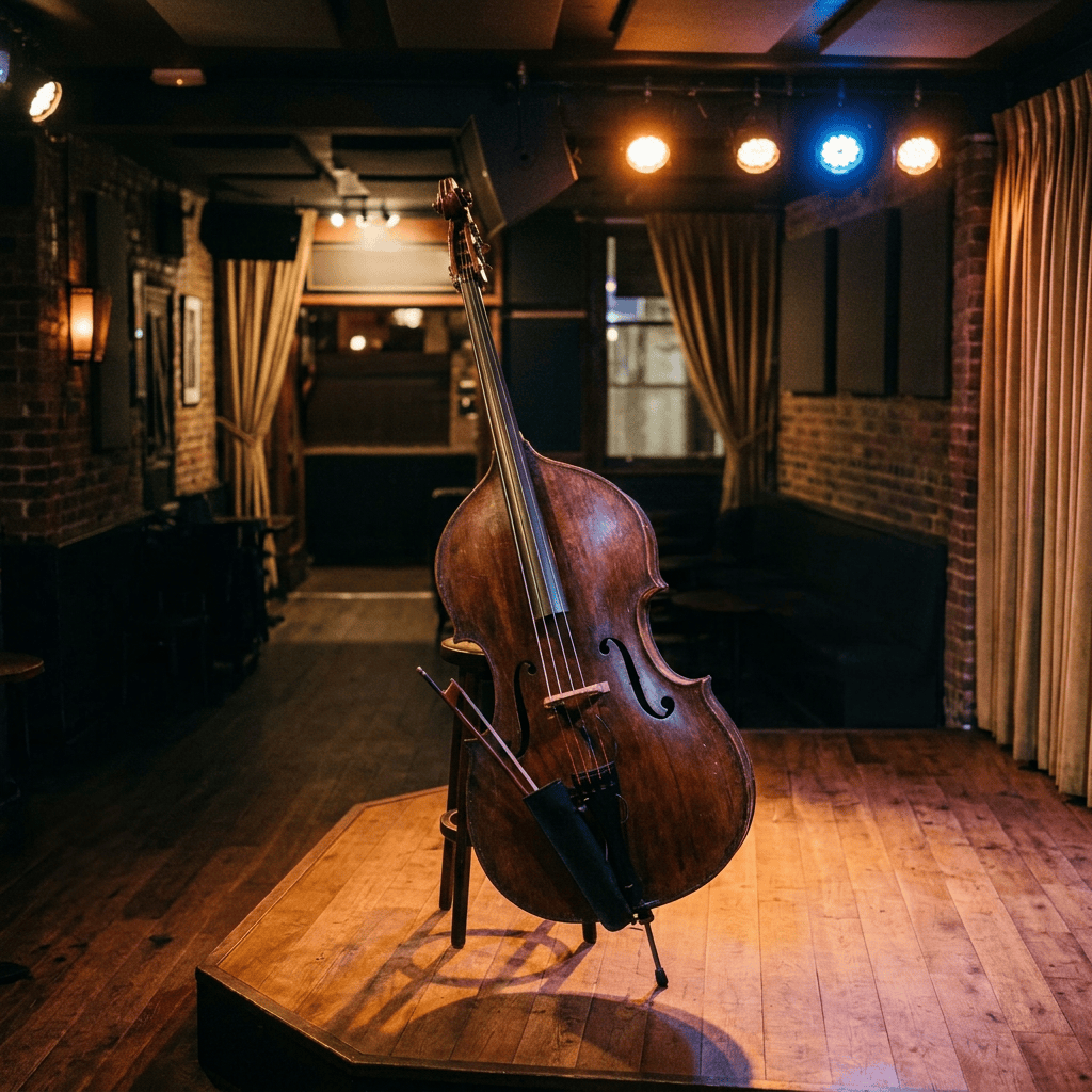 Jazz bassist performing with a drummer and pianist before a seated audience